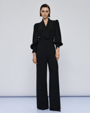 Black Wrap-Effect Jumpsuit with Blouson Sleeve