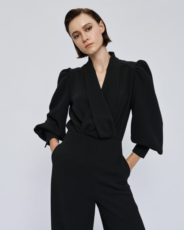 Black Wrap-Effect Jumpsuit with Blouson Sleeve - Image 2