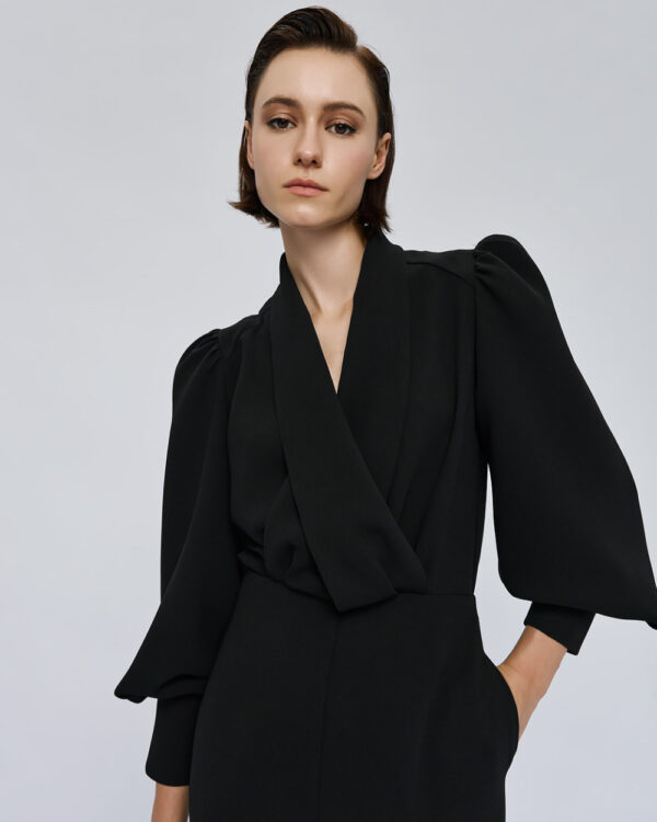 Black Wrap-Effect Jumpsuit with Blouson Sleeve - Image 5