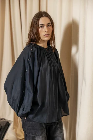 Black Organic Cotton Voile Blouse with Blouson Sleeve