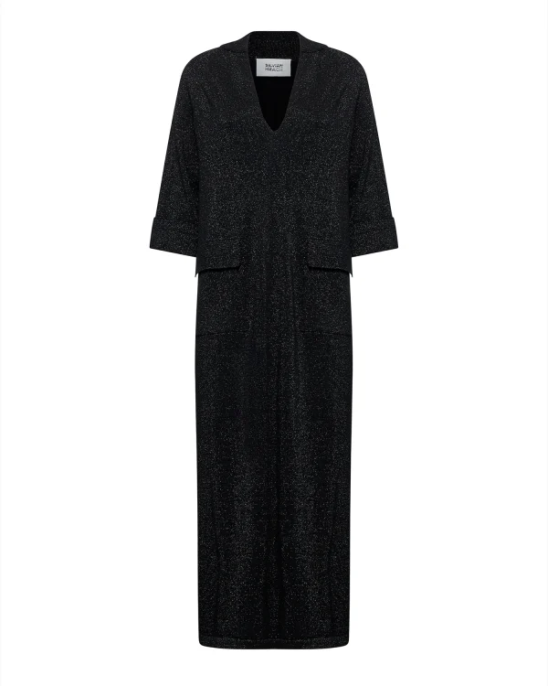 Black V-Neck Lurex Knit Maxidress with Front Patch Pockets & Side Slits - Image 2