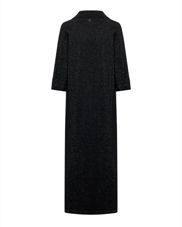 Black V-Neck Lurex Knit Maxidress with Front Patch Pockets & Side Slits - Image 3