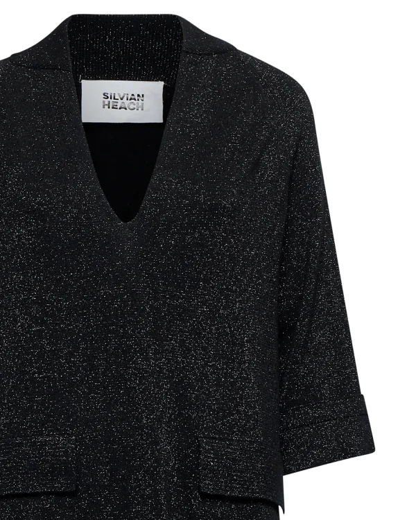Black V-Neck Lurex Knit Maxidress with Front Patch Pockets & Side Slits - Image 4