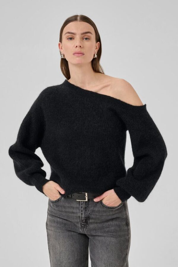Black Mohair Off-Shoulder Jumper with Blouson Sleeve - Image 7