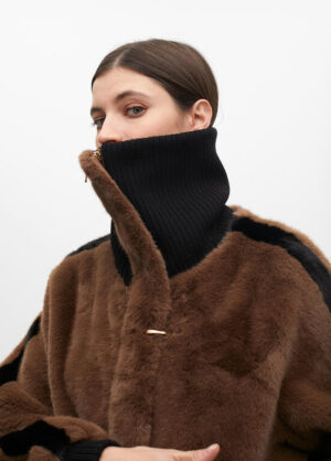 Taupe & Black Faux Fur Jacket with Black Ribbed Knit Collar & Faux Leather Trim