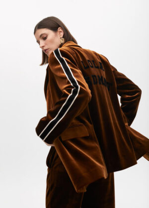 Bronze Velvet Blazer with Sporty Side Stripe and Slogan on the Back