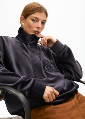 Pewter Corduroy Velvet Half-Zip with Embellishment