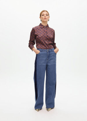 Blue Mid-Wash Jeans with Navy Velvet Side-Stripe