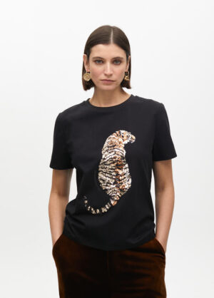 Black T-Shirt with Embellished Tiger