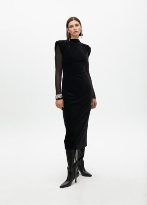 Black Velvet Midi Dress with Sheer Sleeve & Structured Shoulder