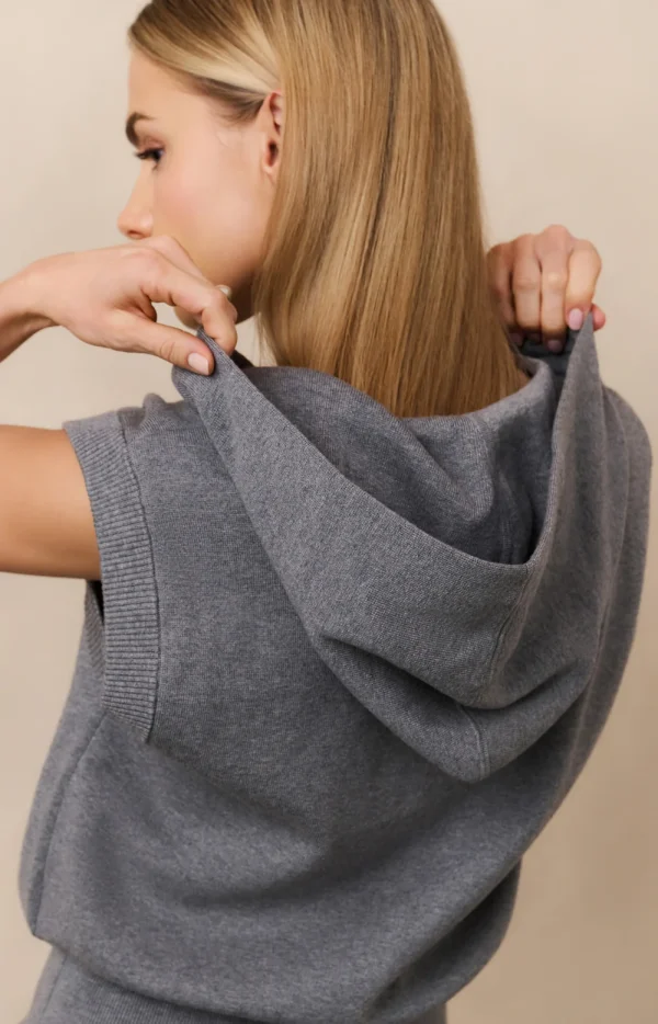 Grey Melange Sleeveless Knit Hoodie with Zipper - Image 3