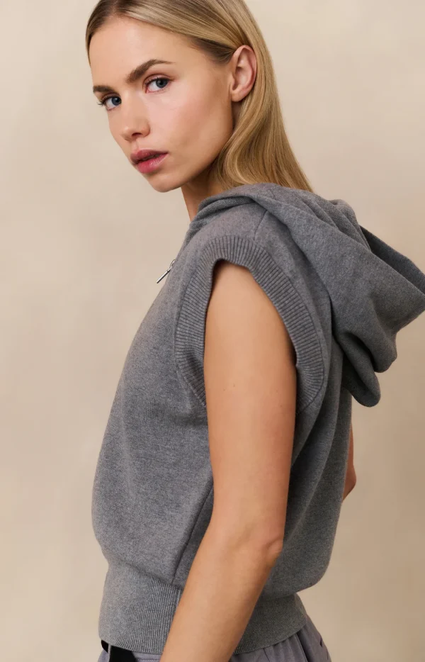 Grey Melange Sleeveless Knit Hoodie with Zipper - Image 2