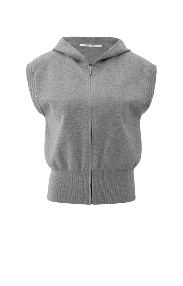 Grey Melange Sleeveless Knit Hoodie with Zipper - Image 4