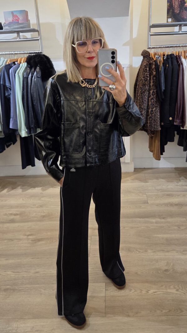 Black Vinyl Shacket with Patch Pockets - Image 2