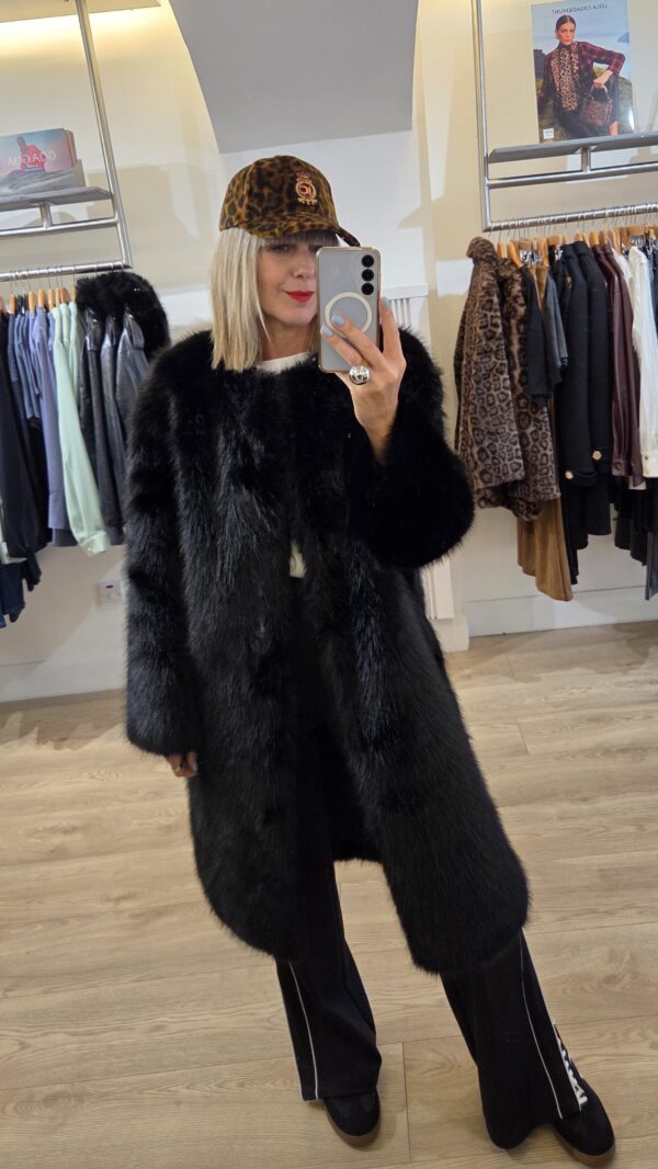 Black Glossy Faux Fur Coat - Image 2