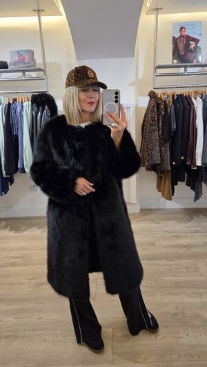 Black Glossy Faux Fur Coat