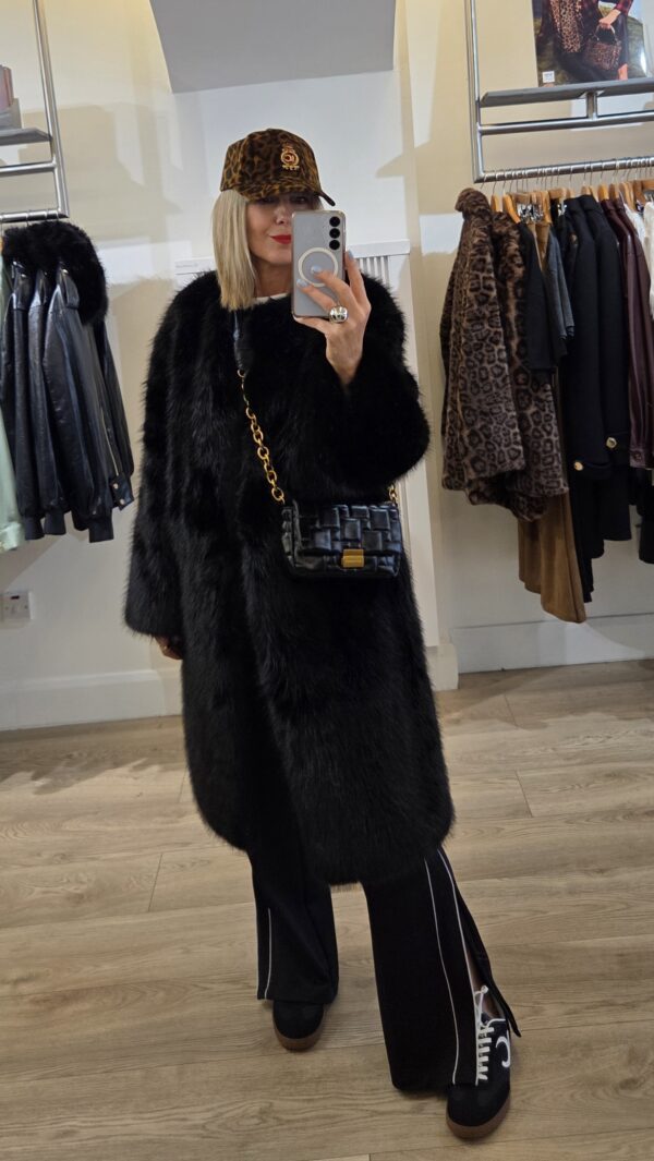 Black Glossy Faux Fur Coat - Image 3