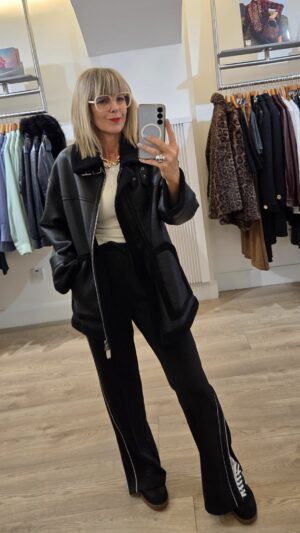 Black Faux Shearling Jacket with High Collar
