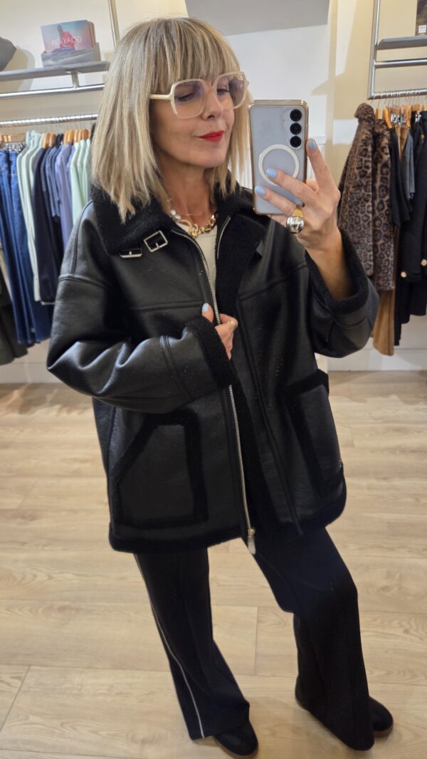 Black Faux Shearling Jacket with High Collar - Image 2