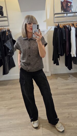 Camel & Black Herringbone Gilet with Sequin Embellishment