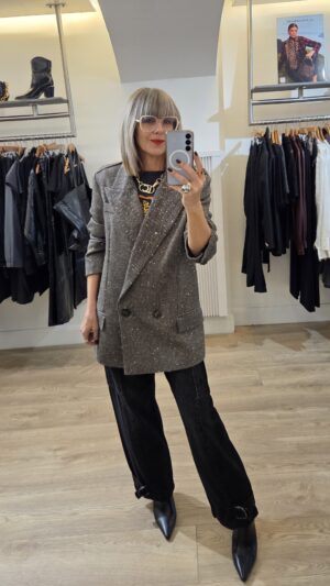 Camel & Black Herringbone Longline Blazer with Sequin Embellishment
