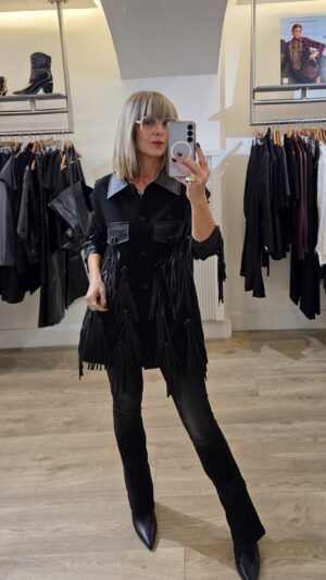 Black Jacket with Faux Leather Collar, Pockets and Fringing