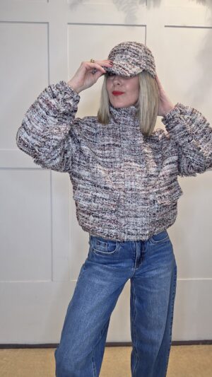 Burgundy & Vanilla Bouclé Tweed Bomber Jacket with Faux Leather Trim & Fringing