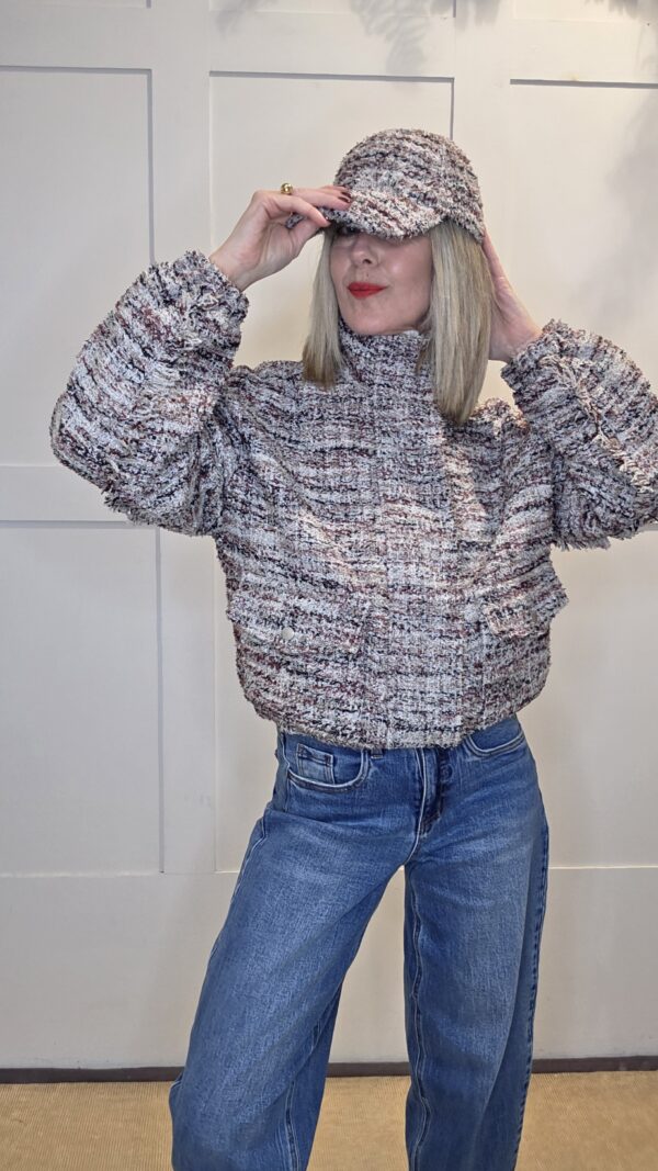 Burgundy & Vanilla Bouclé Tweed Bomber Jacket with Faux Leather Trim & Fringing