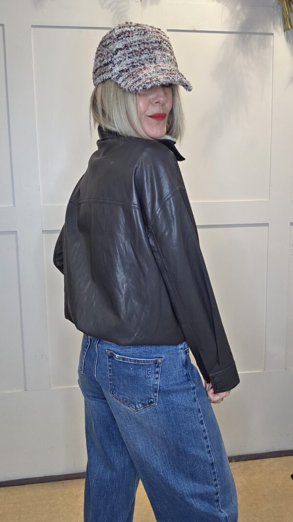 Grey Brown Faux Leather Bomber Jacket - Image 3
