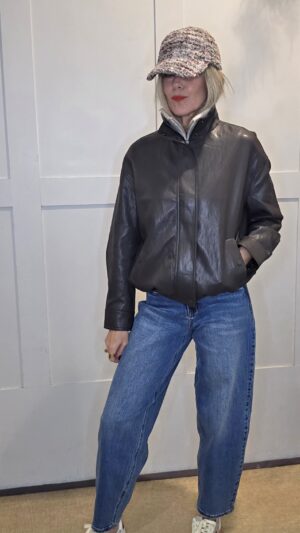 Grey Brown Faux Leather Bomber Jacket