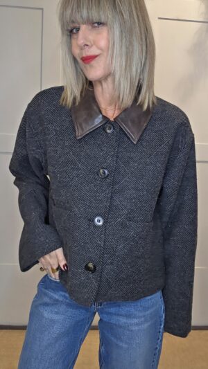 Grey Herringbone Wool Jacket with Brown Faux Leather Collar
