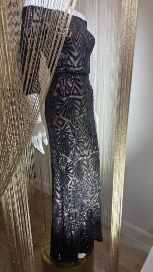 Black Mesh Maxi Skirt with Black Embellishment