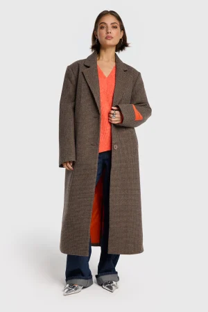 Camel Check Coat with Orange Logo