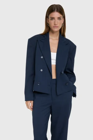 Navy Two-Tone Double-Breasted Boxy Blazer with Logo