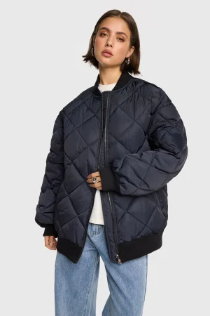 Navy Quilted Over-Sized Bomber Jacket