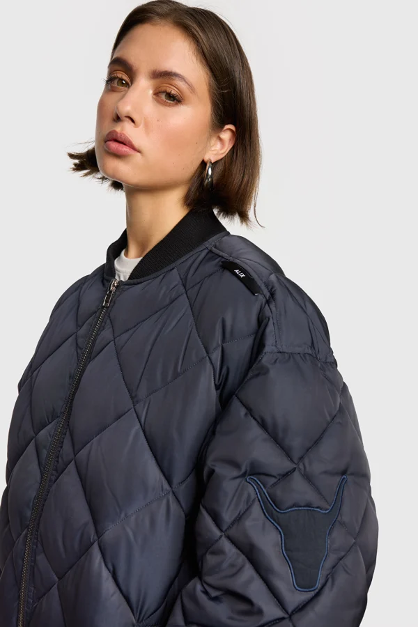 Navy Quilted Over-Sized Bomber Jacket - Image 2