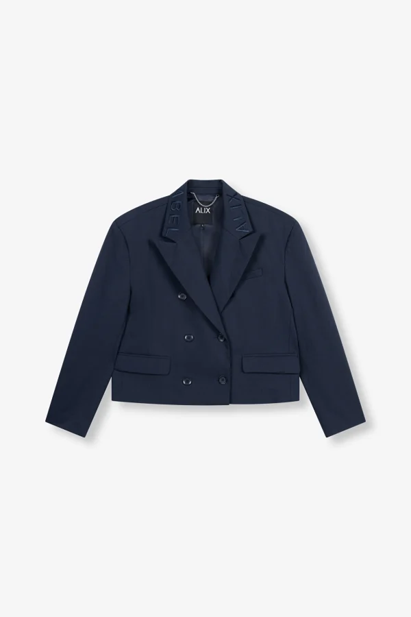 Navy Two-Tone Double-Breasted Boxy Blazer with Logo - Image 3