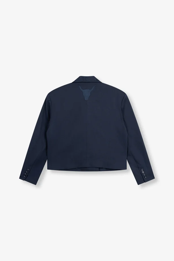 Navy Two-Tone Double-Breasted Boxy Blazer with Logo - Image 7
