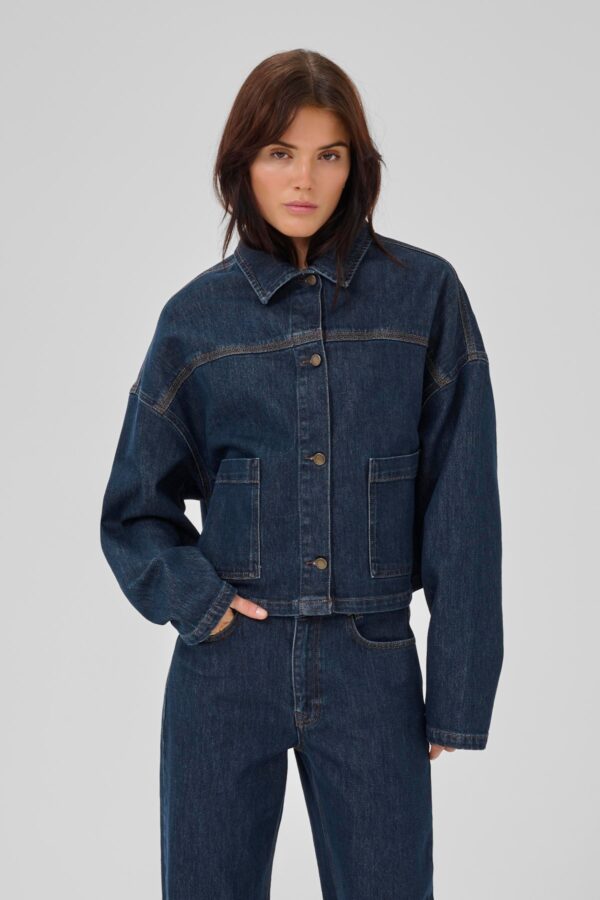 Indigo Denim Shacket with Turn-Up Sleeve - Image 2