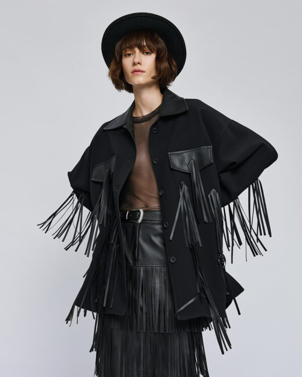 Black Jacket with Faux Leather Collar, Pockets and Fringing - Image 2