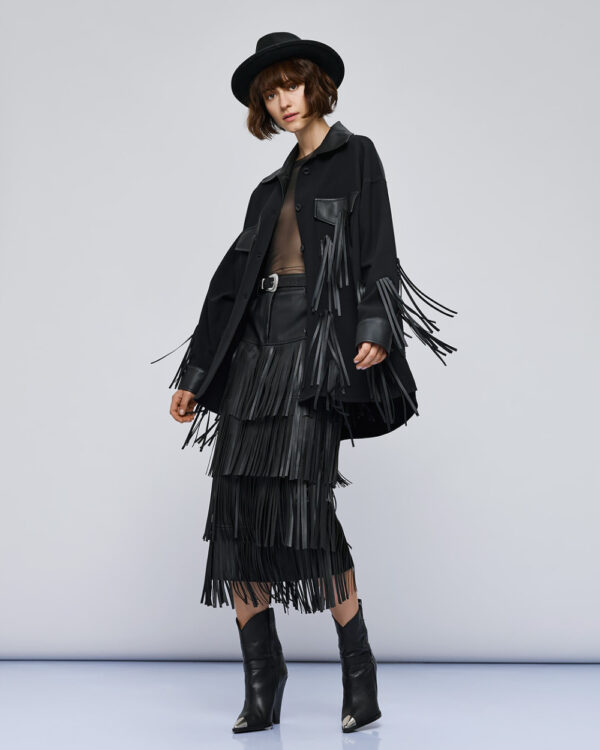 Black Jacket with Faux Leather Collar, Pockets and Fringing - Image 3