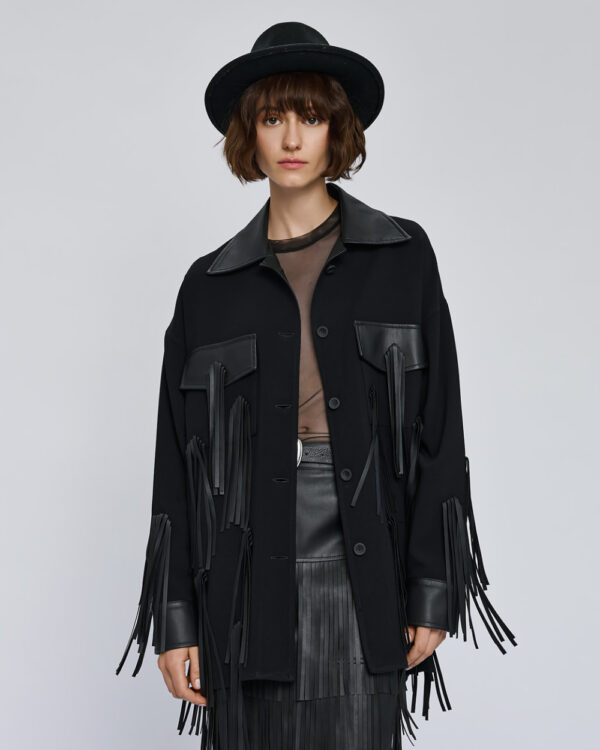 Black Jacket with Faux Leather Collar, Pockets and Fringing - Image 4