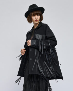 Black Jacket with Faux Leather Collar, Pockets and Fringing