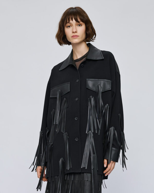 Black Jacket with Faux Leather Collar, Pockets and Fringing - Image 5