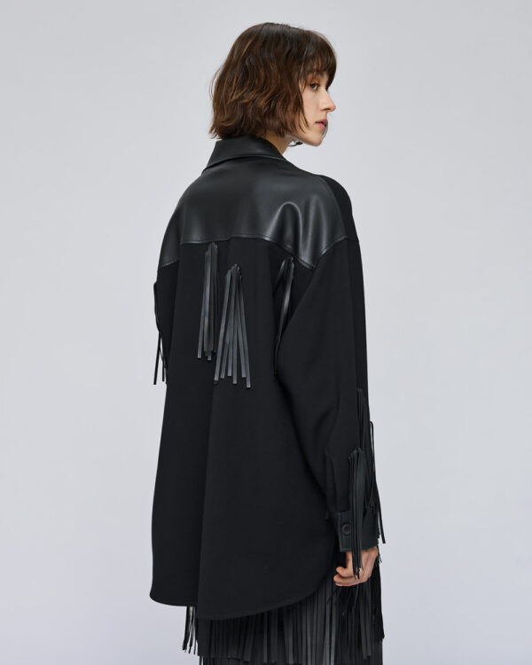 Black Jacket with Faux Leather Collar, Pockets and Fringing - Image 6