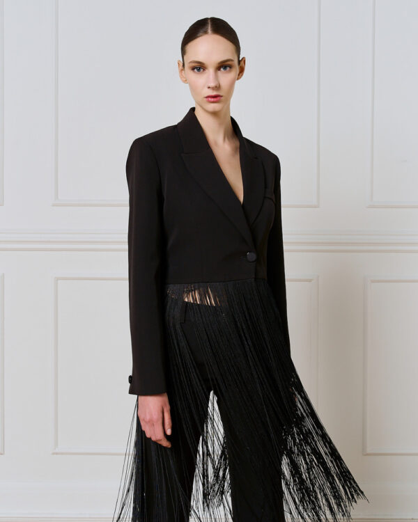 Black Cropped Blazer with Fringing - Image 2