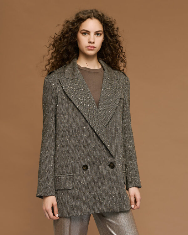 Camel & Black Herringbone Longline Blazer with Sequin Embellishment - Image 2