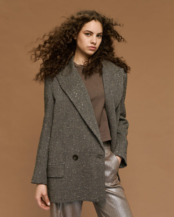 Camel & Black Herringbone Longline Blazer with Sequin Embellishment - Image 3