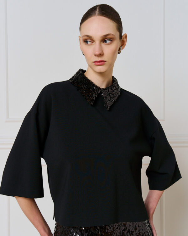 Black 3/4 Sleeve Top with Detachable Sequin Collar