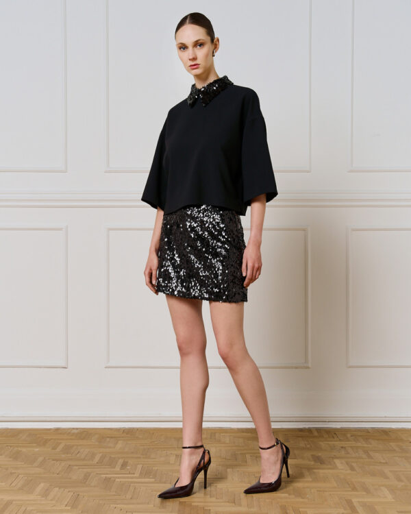 Black 3/4 Sleeve Top with Detachable Sequin Collar - Image 5